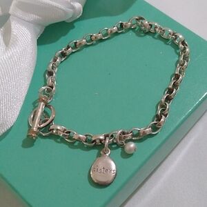 Sterling Silver Charm Sisters + Pearl Bracelet, 7.0"
